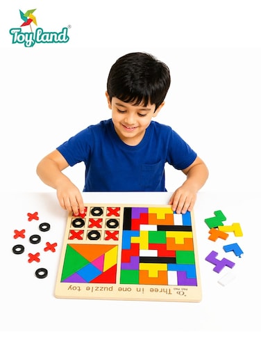 3-in-1 Wooden Puzzle Board Set &ndash; Tangram, Block Puzzle &amp; Tic Tac Toe Educational Toy for Kids