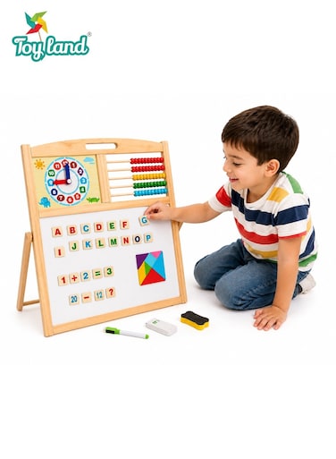 Multi-Functional Double-Sided Drawing Board for Kids &ndash; Wooden Educational Easel with Magnetic Letters, Numbers, Clock &amp; Abacus Learning Set
