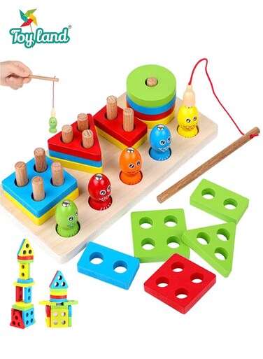 Wooden Fishing Game Toy Set for Kids &ndash; Magnetic Fishing Four-Post Puzzle Board with Shapes Sorting, Hand-Eye Coordination &amp; Early Learning Educational Toy (36+ Months)
