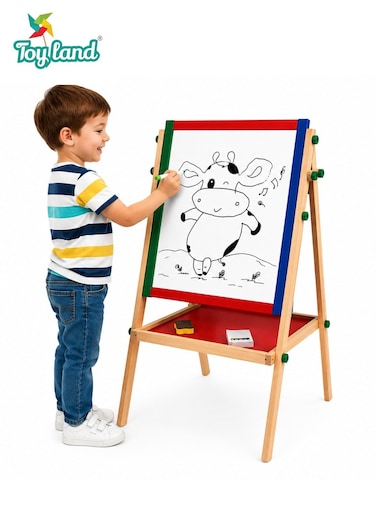 Double-Sided Wooden Easel Drawing Board for Kids with Whiteboard, Blackboard, Storage Tray, Marker, Chalk and Eraser &ndash; Educational Art &amp; Learning Easel