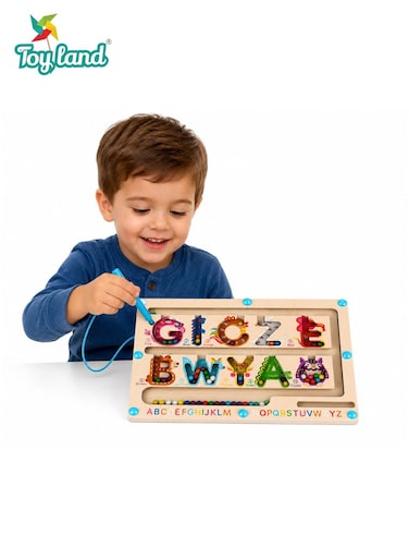 Magnetic Bead Maze Wooden Alphabet Learning Board with Magnetic Pen, Letter Recognition, Color Matching and Fine Motor Skills Activity for Kids