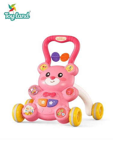 Baby Walker Bear Push Toy with Music &amp; Lights, Interactive Activity Walker with Adjustable Speed, Early Learning Walking Assistant for Toddlers-Pink