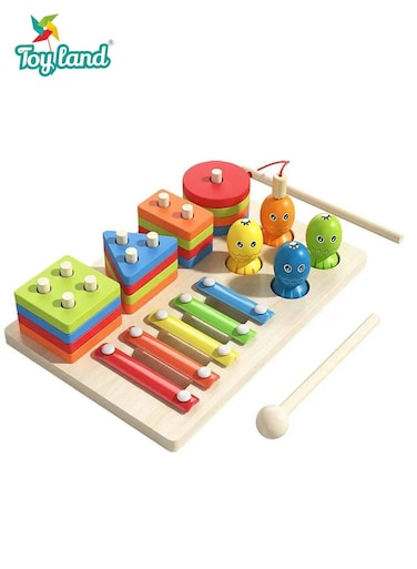 3-in-1 Wooden Educational Activity Toy Set with Xylophone, Shape Sorter &amp; Hammer Game, Montessori Learning Board for Kids