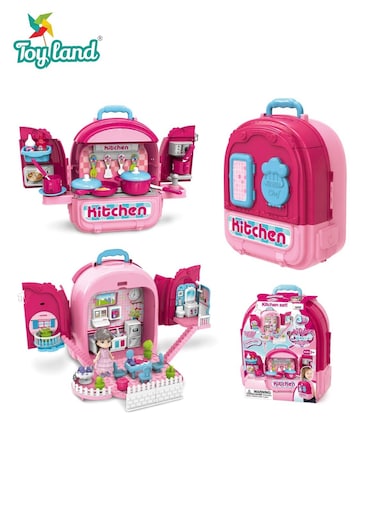 Kids Portable Kitchen Playset Backpack Toy, 3-in-1 Mini Dollhouse Cooking Set with Accessories &amp; Carry Handle