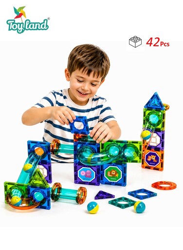 42 PCS Magnetic Building Blocks Set DIY Marble Run Construction Toy for Kids, STEM Learning Educational Play Set (3+ Years)