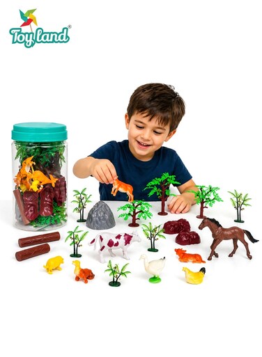 Kids Animal Playset with Trees, Farm Animals &amp; Storage Bottle &ndash; Educational Toy Set for Imaginative Play