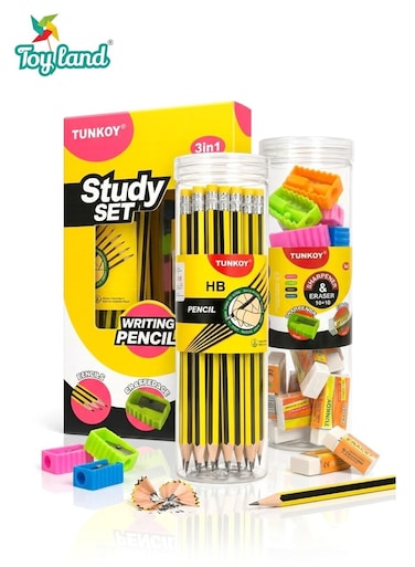 3-in-1 Study Set for Kids &ndash; HB Pencils, Sharpeners &amp; Erasers   Writing Pencil Kit   School Stationery Set