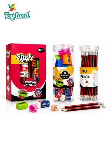 3-in-1 Study Set for Kids &ndash; HB Pencils, Sharpeners &amp; Erasers   Writing Pencil Kit   School Stationery Set
