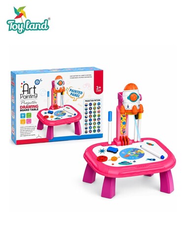 2 in 1 Kids Art Painting Projector Drawing Board Table with Rocket Projector, Colourful Projection Patterns, Drawing Pens, Erasable Writing Surface, Educational Creative Art Toy for Ages 3+