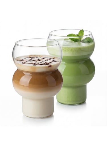 Design (2-pack) Badr Bubble Drink Glasses &acirc;&euro;&ldquo; 500 ml (17 oz) Clear Curved Glass Tumblers for Iced Coffee, Cocktails, Water &amp; Juice &acirc;&euro;&ldquo; Modern Aesthetic, Dishwasher Safe