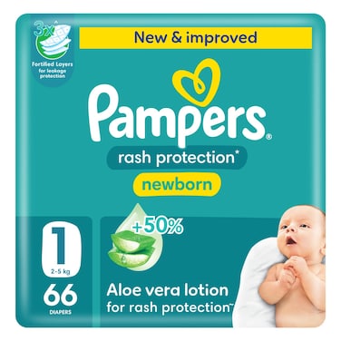 Pampers Rash Protection Diapers with Aloe Vera Lotion Newborn Size 1 2-5kg Jumbo Pack 66 Diapers