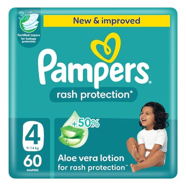 Pampers Rash Protection Taped Diapers with Aloe Vera Lotion Size 4 9-14kg Mega Pack 60 Diapers