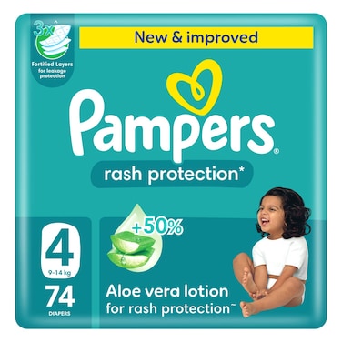 Pampers Rash Protection Diapers with Aloe Vera Lotion Size 4 9-14kg Giant Pack 74 Diapers