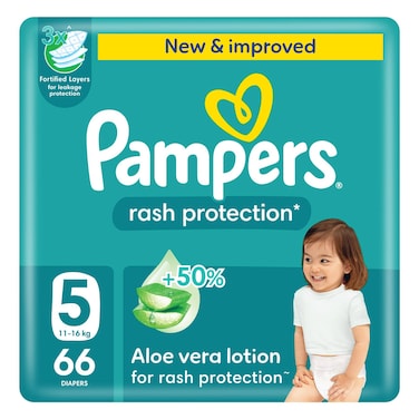 Pampers Rash Protection Diapers with Aloe Vera Lotion Size 5 11-16kg Giant Pack 66 Diapers