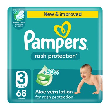 Pampers Rash Protection Taped Diapers with Aloe Vera Lotion Size 3 6-10kg Mega Pack 68 Diapers