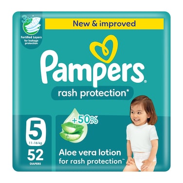 Pampers Rash Protection Taped Diapers with Aloe Vera Lotion Size 5 11-16kg Mega Pack 52 Diapers