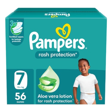 Pampers Rash Protection Diapers with Aloe Vera Lotion Size 7 15kg+ Jumbo Box 56 Diapers