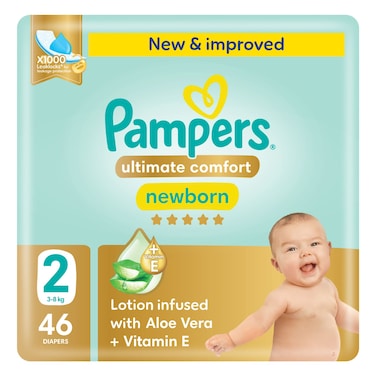 Pampers Ultimate Comfort Diapers with Aloe Vera Plus Vitamin E Newborn Size 2 3-8kg 46 Diapers