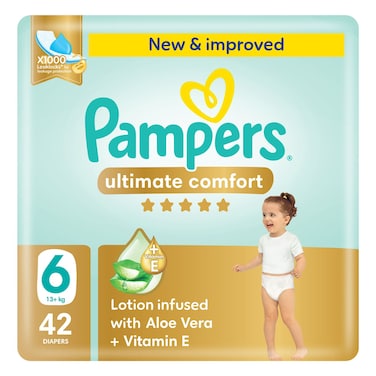 Pampers Ultimate Comfort Diapers with Aloe Vera Plus Vitamin E Size 6 13kg+ 42 Diapers
