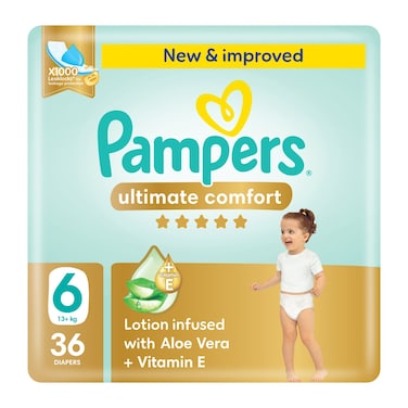 Pampers Ultimate Comfort Taped Diapers with Aloe Vera Plus Vitamin E Size 6 13kg+ 36 Diapers