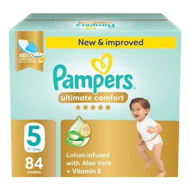 Pampers Ultimate Comfort Diapers with Aloe Vera Plus Vitamin E Size 5 11-16kg 84 Diapers