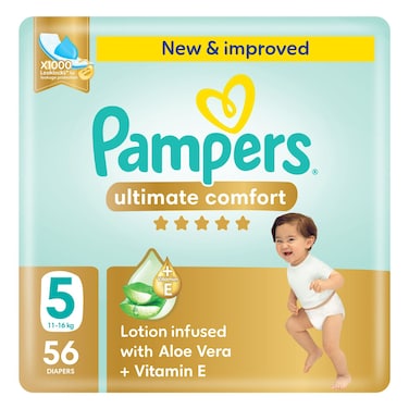 Pampers Ultimate Comfort Diapers with Aloe Vera Plus Vitamin E Size 5 11-16kg 56 Diapers