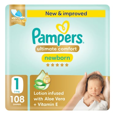 Pampers Ultimate Comfort Diapers with Aloe Vera Plus Vitamin E Newborn Size 1 2-5kg Mega Pack 108 Diapers
