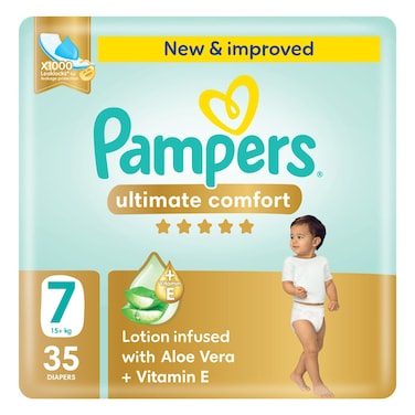 Pampers Ultimate Comfort Taped Diapers with Aloe Vera Plus Vitamin E Size 7 15kg+ 35 Diapers