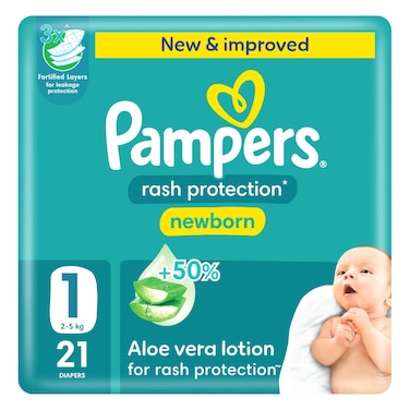 Pampers Rash Protection Diapers with Aloe Vera Lotion Newborn Size 1 2-5kg Carry Pack 21 Diapers
