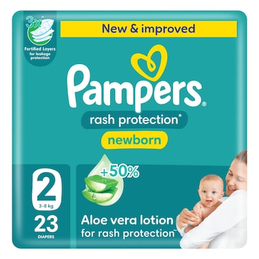 Pampers Rash Protection Diapers with Aloe Vera Lotion Newborn Size 2 3-8kg Carry Pack 23 Diapers