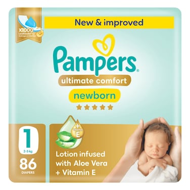 Pampers Ultimate Comfort Taped Diapers with Aloe Vera Plus Vitamin E Newborn Size 1 2-5kg Jumbo Pack 86 Diapers
