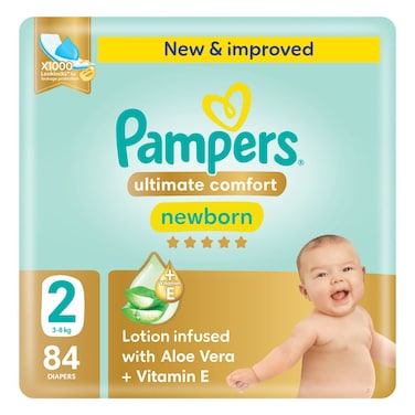 Pampers Ultimate Comfort Taped Diapers with Aloe Vera Plus Vitamin E Newborn Size 2 3-8kg 84 Diapers