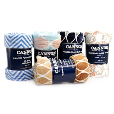 Cannon Printed Flannel Single Blanket, 160x220cm, 290 GSM, Assorted