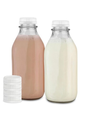 Glass Milk Bottles - 32-Oz, 1 Liter Capacity - Food Grade Glass - Dishwasher Safe - Bottles for Milk, Buttermilk, Honey, Maple Syrup, Jam, BBQ Sauce