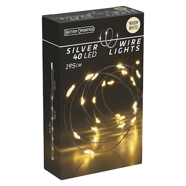 40 ضوء LED سلكي فضي يعمل بالبطارية أبيض دافئ 195 سم.