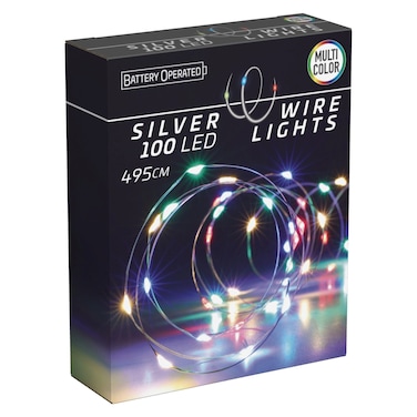 100 ضوء LED سلكي فضي تعمل بالبطارية متعدد الألوان 495 سم
