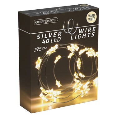 40 LED Battery Operated Silver Wire Lights Warm White 195cm