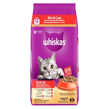 Whiskas Skin and Coat Chicken and Salmon Flavour Dry Food for Adult Cat, 1 Years and Above, 1.1kg