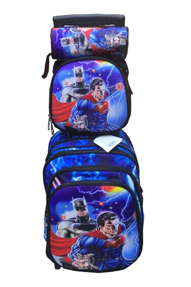 Cartoon Printed Kids School Trolley Backpack Set, 3 Pieces, 16.5 Inch Rolling Bag Lunch Box Pencil Case.Blue Black Super Hero