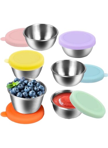 Salad Dressing Container To Go, 6x1.6 oz Small Containers with Lids, Stainless Steel Condiment Cup, Reusable Sauce Cups, Leakproof Dipping Sauce Containers, Fits in Bento Box for Lunch, Leakproof