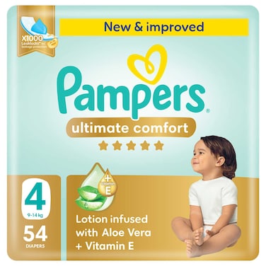 Pampers Ultimate Comfort Diapers with Aloe Vera Plus Vitamin E Size 4 9-14kg Mega Pack 54 Diapers