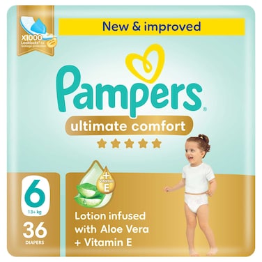 Pampers Ultimate Comfort Diapers with Aloe Vera Plus Vitamin E Size 6 13kg+ 36 Diapers