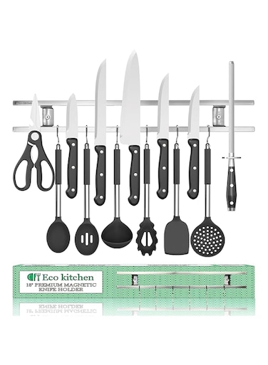 Eco Kitchen Magnetic Knife Holder for Wall - Stainless Steel Knife Magnetic Strip 18 Inch - Wall Knife Magnet Bar Rack With Hooks