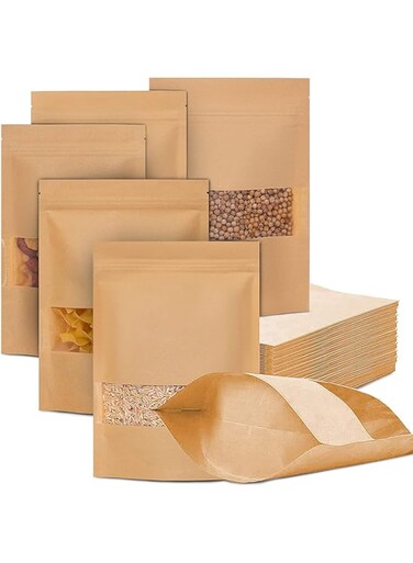 ARTHOM 50pcs Reusable Kraft Paper Food Storage Bags Stand Up Pouches With Matte Window, Seal Packing Bags for Food, Tea, Candy, Snack Storage 9x14cm