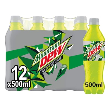 Mountain Dew Zero Sugar Soft Drink Bottle, 500ml Pack of 12