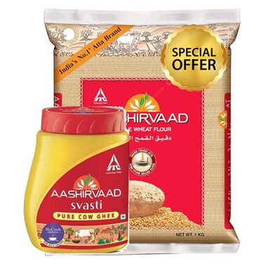 Aashirvaad Svasti Pure Cow Ghee And Whole Wheat Atta 500ml+1kg
