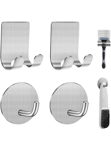 Diesisa Razor Holder for Shower + Adhesive Wall Hooks, Premium 304 Stainless Steel Shower Razor Holder with Heavy Duty Waterproof Sticky Hooks for Hanging Towels, Coat, hat (2+2 Pack)