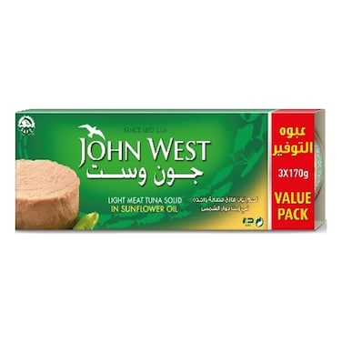جون ويست لحم تونة خفيف، صلب في زيت دوار الشمس، 170 غرام، حزمة من 3