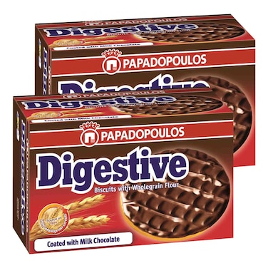 Papadopoulos Digestive Biscuits Coated with Milk Chocolate, 200g Pack of 2
