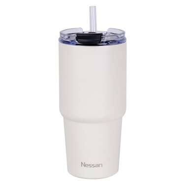 Nessan Double Wall Stainless Steel Travel Mug with Lid and Straw Cream 480ml